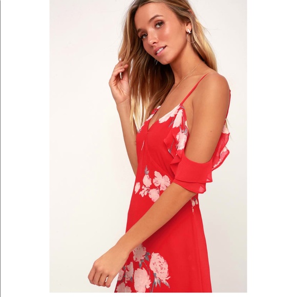 Lulu’s Love in bloom red floral print off the shoulders high low dress - Picture 4 of 5